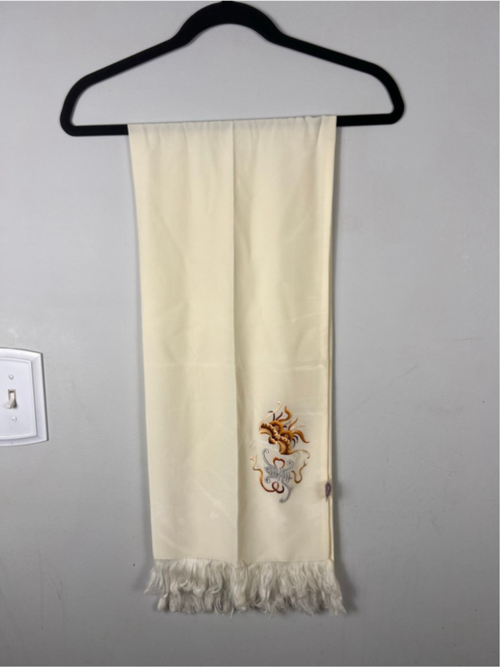 Vintage Chinese Embroidered Silk Fringe Scarf Wall Hanging Cream 48”